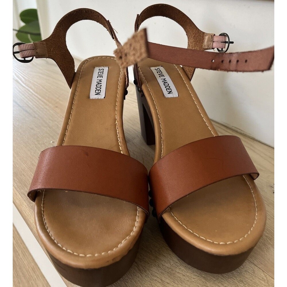 Steve Madden Luna Platform Wooden Clog Ankle Strap Heeled Sandals Size 9 Brown - Picture 3 of 12